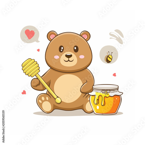 Cute cartoon bear with honey jar and dipper