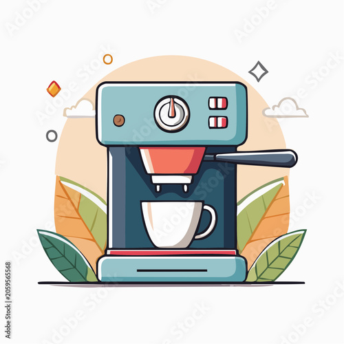 Espresso Machine with Cup and Leaves Illustration