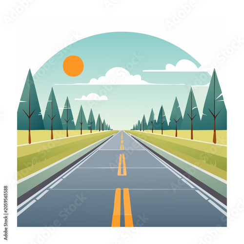 Flat design sunset road with mountains and trees