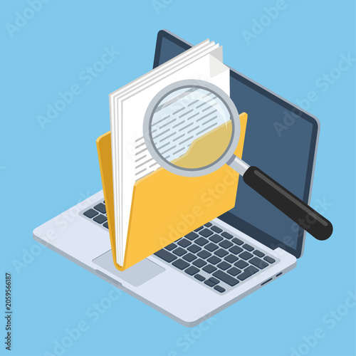 Foto A large magnifying glass scrutinizes the documents emerging from a bright yellow folder that rests upon the keyboard of a modern, silver laptop, all set against a calming, solid light blue background