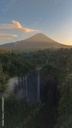 Amazing aerial view Tumpak Sewu waterfall in the morning on Java island, Indonesia.