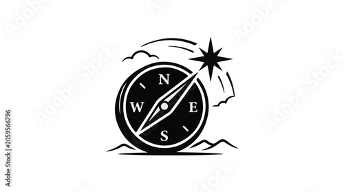 Compass pointing towards a bright star, symbolizing direction and guidance on a journey.