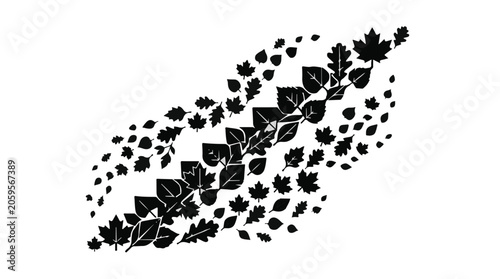 Abstract pattern of diverse autumn leaves forming a flowing shape against a white background