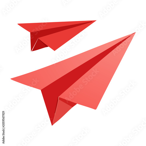 Two red paper airplanes in flight on white background