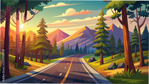 Fotografie A road leading to mountains and forest view