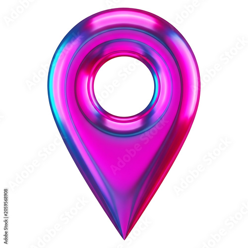 3D glossy pink blue location pin icon, map marker and GPS symbol, vibrant metallic render for travel and navigation app design