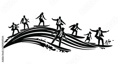 Diverse business people gracefully surfing on waves of success and progress
