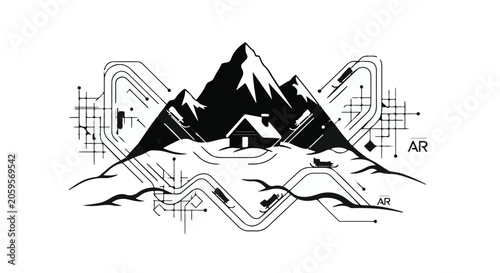Isolated cabin nestled in a futuristic mountain landscape with digital connections