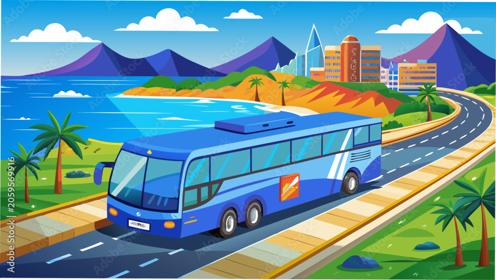 Fototapeta premium A blue bus driving on a coastal road trip view