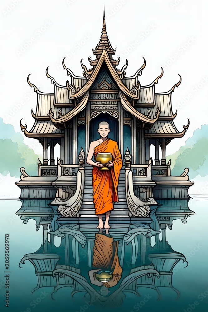 Obraz premium Buddhist Monk Holding Alms Bowl in Front of Temple