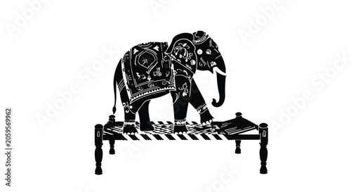 Whimsical illustration of an ornate elephant standing on a traditional Indian charpai bed