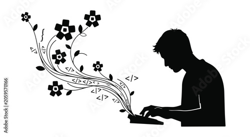 Silhouette of a person typing, with creative ideas and nature elements flowing out