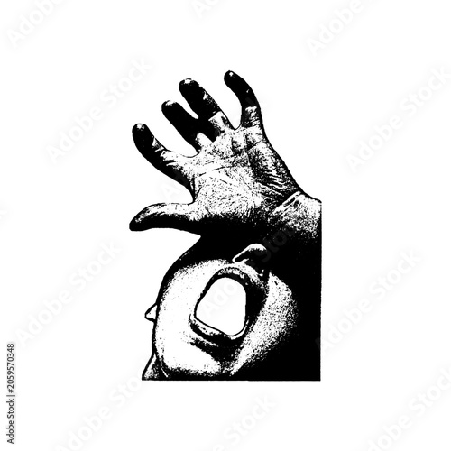 Tableau sur toile Abstract engraving of a screaming face covered by a hand with screaming engravin