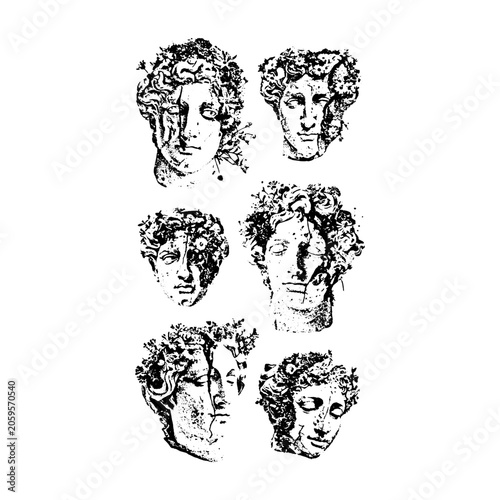 Slika na platnu Set of multiple antique engraving style classical busts with sculpture classical