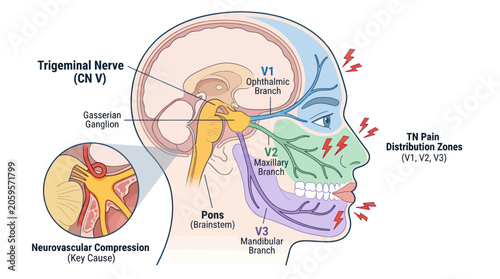 Bild auf Leinwand Trigeminal nerve anatomy and neuralgia pain distribution zones