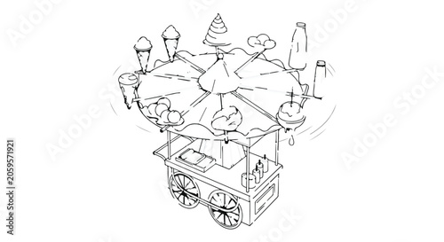 Whimsical floating island with ice cream cart and sweet treats