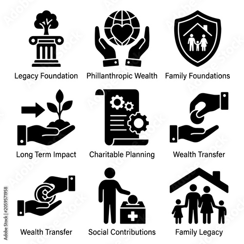 Obraz na płótnie Philanthropic Wealth Icon Set Black Flat Pictograms On White Background