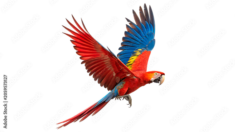 Obraz premium Beautiful vibrant colorful scarlet macaw parrot flying with open wings isolated on transparent background