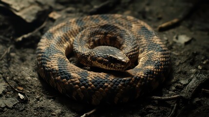 A snake is curled up on the ground. The snake is brown and black. The snake is not moving. Black background