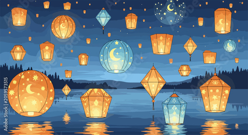 Photos A serene lake scene at dusk with numerous glowing lanterns floating