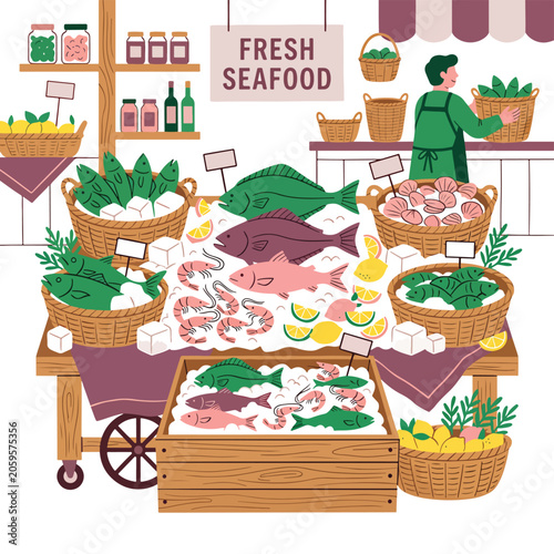 Εκτύπωση καμβά Fresh seafood market display with greens.