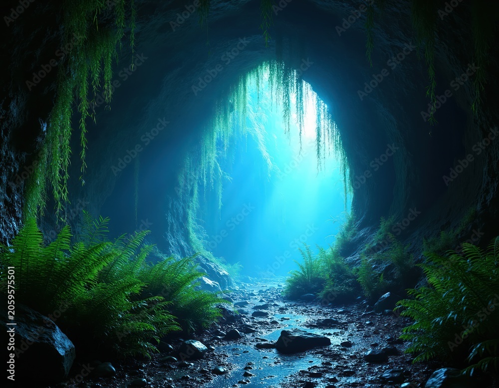 Fototapeta premium Dark cave interior with glowing blue light from opening. Rich green ferns and hanging vines grow on rocky walls. A wet path leads towards the bright exit.
