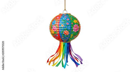 Tableau sur toile Colorful traditional Indian paper lantern with floral pattern and hanging ribbon