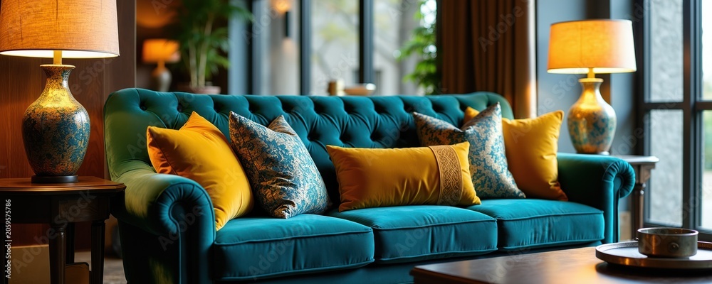 Obraz premium Luxurious teal sofa with gold and patterned pillows in elegant living room. Warm lamps create cozy atmosphere. Interior design inspires comfort and sophisticated home style.