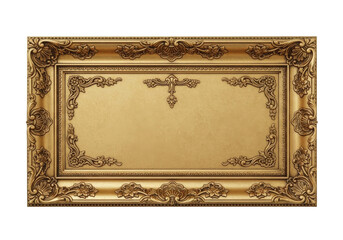 Ornate gold picture frame with decorative vintage corners isolated on transparent background cutout
