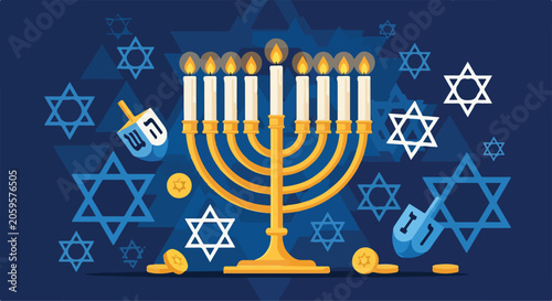 Valokuva A menorah with lit candles and dreidels on a starry background