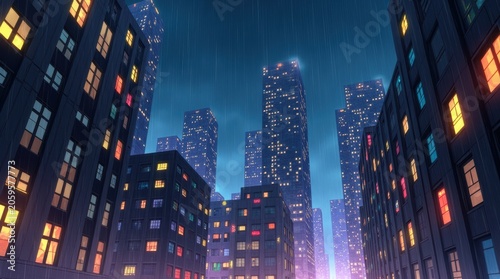 Low angle view of tall city skyscrapers with glowing apartment windows at night in a dark urban area