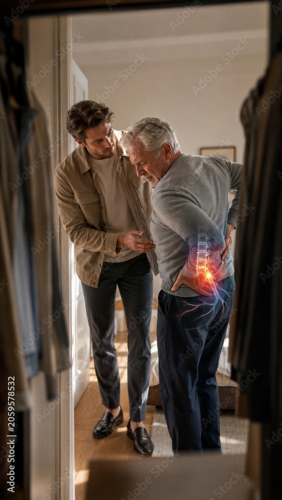 Obraz premium Young man helping senior man with back pain. Caretaker supporting elderly person having spinal injury. Chronic vertebral ache, healthcare assistance, physical therapy, medical exam concept.