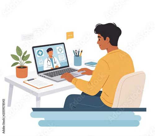 Man Having Online Telemedicine Consultation with Doctor via Laptop at Home Flat Vector Illustration