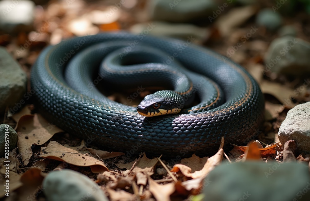 Fototapeta premium Black Copper Rat Snake coiled on forest floor, yellow markings visible. Reptile rests among dry leaves and rocks in jungle habitat. Non-venomous serpent wildlife.
