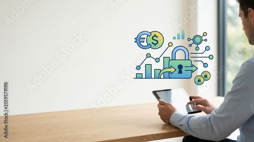 Businessman using tablet with digital financial security icons, data protection and online banking concept in modern office environment.