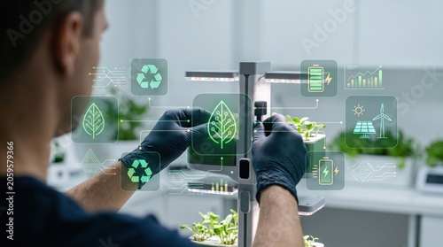 Vertical farming laboratory technology, scientist analyzing plant growth under LED lights, hydroponic agriculture system, sustainability icons overlay, renewable energy for food
