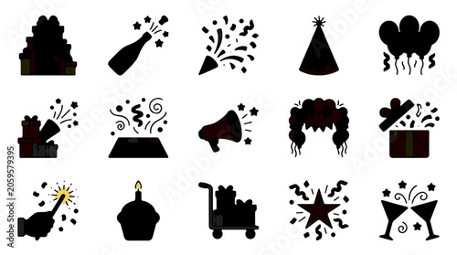 Colorful Collection of Vibrant Celebration and Party Icons Including Balloons Confetti Champagne Glasses Cake Fireworks Streamers Hats Masks Gifts Invitations Decorations Festive Elements fo