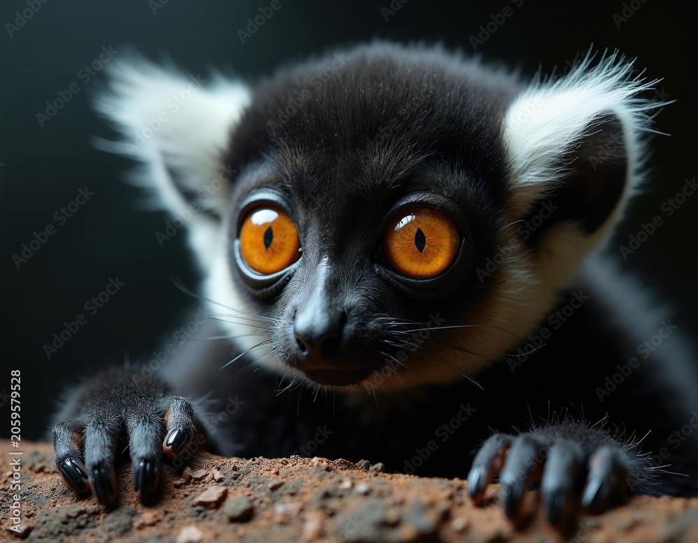 Fototapeta premium Cute black and white lemur with big orange eyes peeks over brown textured surface. Furry primate looks curious and playful in dark jungle setting. Wild animal.