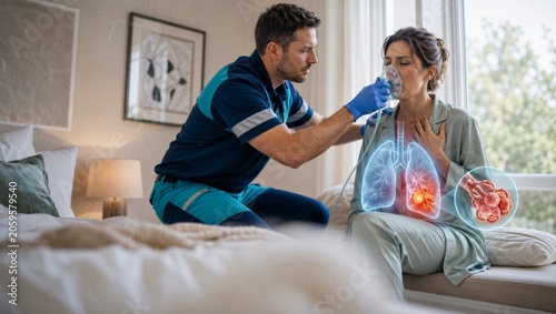 Paramedic providing oxygen mask to woman having breathing difficulty at home. Emergency medical service assistance for patient with respiratory disease and lung inflammation visualization.