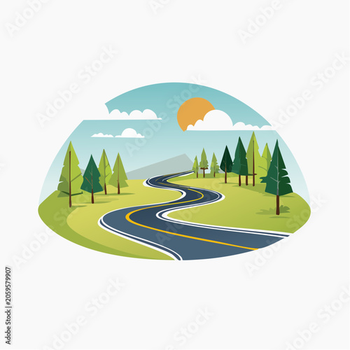 Winding Road Through Green Landscape with Sun and Clouds