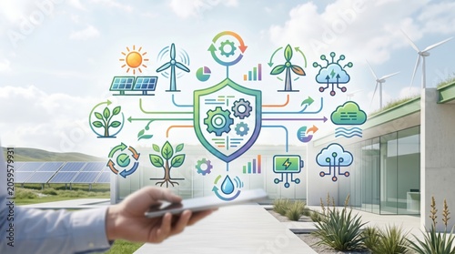 Smart green energy ecosystem management with solar panels and wind turbines, sustainable technology icons for renewable power generation, eco-friendly modern house exterior with
