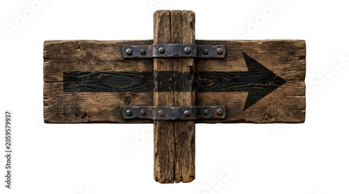 Rustic wooden sign board with black arrow pointing to the right side isolated on transparent background