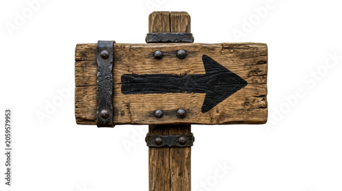 Rustic wooden signpost with a black arrow pointing to the right direction isolated on transparent background
