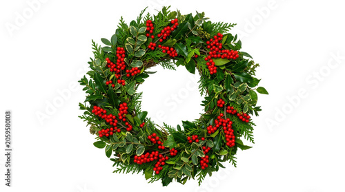 Beautiful green Christmas wreath decorated with bright red holly berries isolated on transparent background