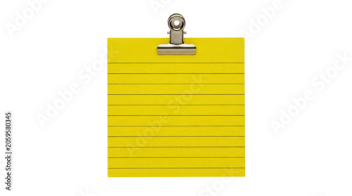 Square yellow paper note held by a metal binder clip for school or office work isolated on transparent background