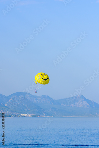 Parasailing at the Mediterranean sea in Turkey. Active and extreme recreation