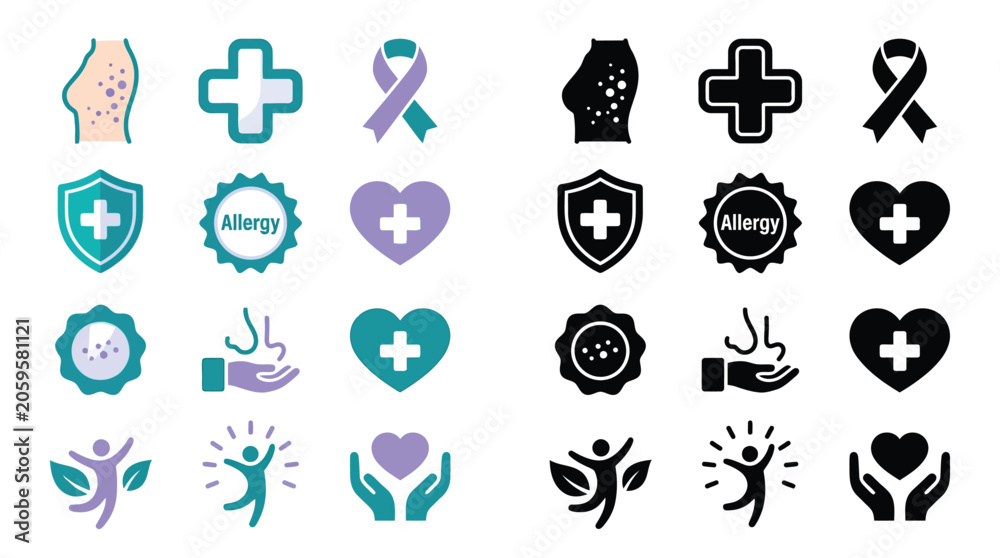 Fototapeta premium Set of medical and health icons in color and black and white, representing various health concepts and symbols.