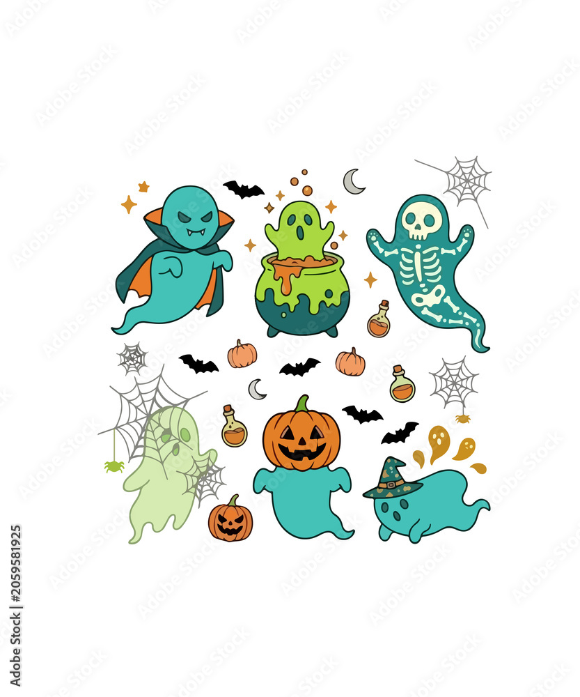 Naklejka premium Halloween ghost character collection, spooky cartoon spirits and pumpkins, cute teal and orange holiday icons, whimsical supernatural sticker set