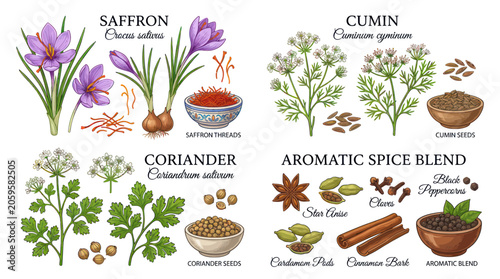Quadro su tela Botanical collection of saffron cumin coriander and aromatic spices