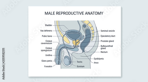 Male reproductive system anatomy diagram with detailed part labels